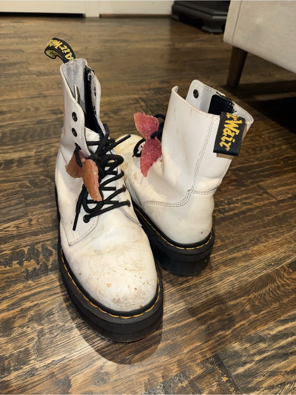Dr. Martens White Leather Platform Lace-Up Boots with Black Laces